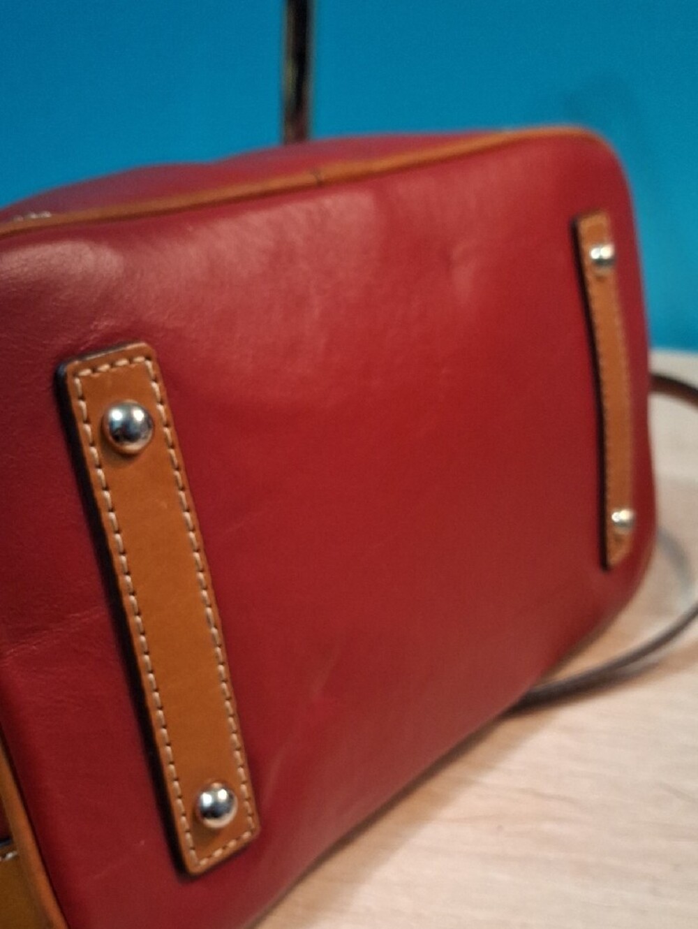 Dooney & Bourke Charli Red Leather Satchel with Brown Trim and Handles - Picture 9 of 14